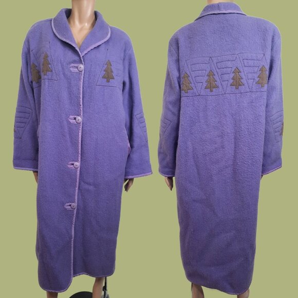 Vintage 80s Full Length Blanket Coat Mauve purple Virgin Wool Embroidered Size M - Picture 1 of 11